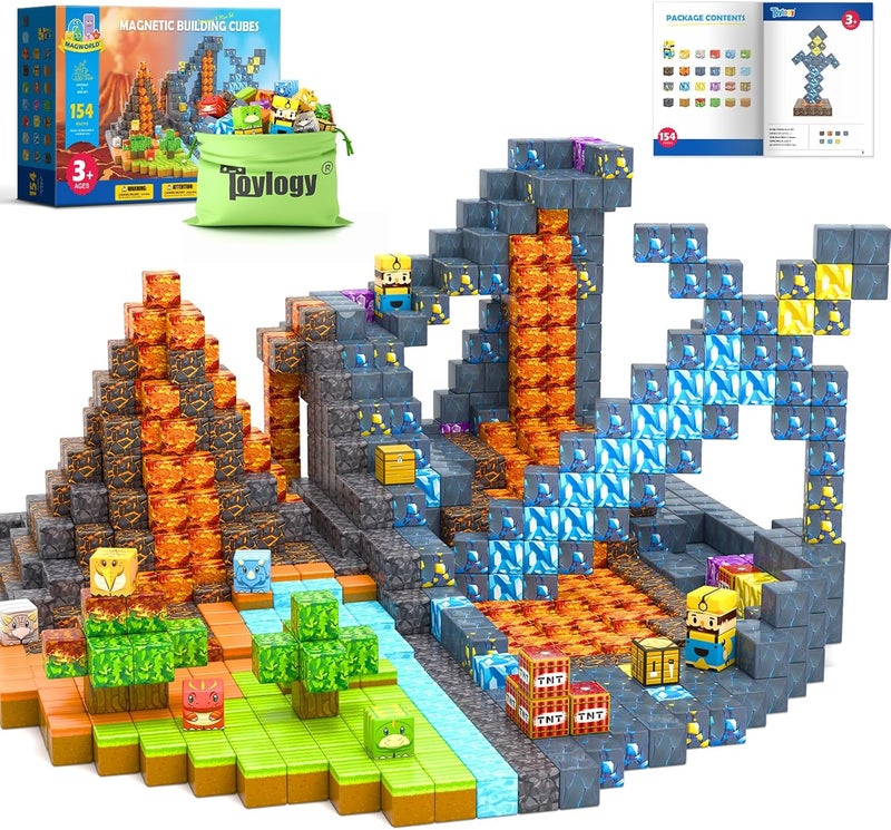 Toylogy 154 قطعة كتل مغناطيسية كبيرة - بناء عالم الديناصورات والمناجم، ألعاب حسية خارجية للأطفال من 3-5 سنوات، ألعاب STEM للأطفال في عصر الجوراسي، هدايا للأطفال من الأولاد والبنات من 3 إلى 8 سنوات - Image 1